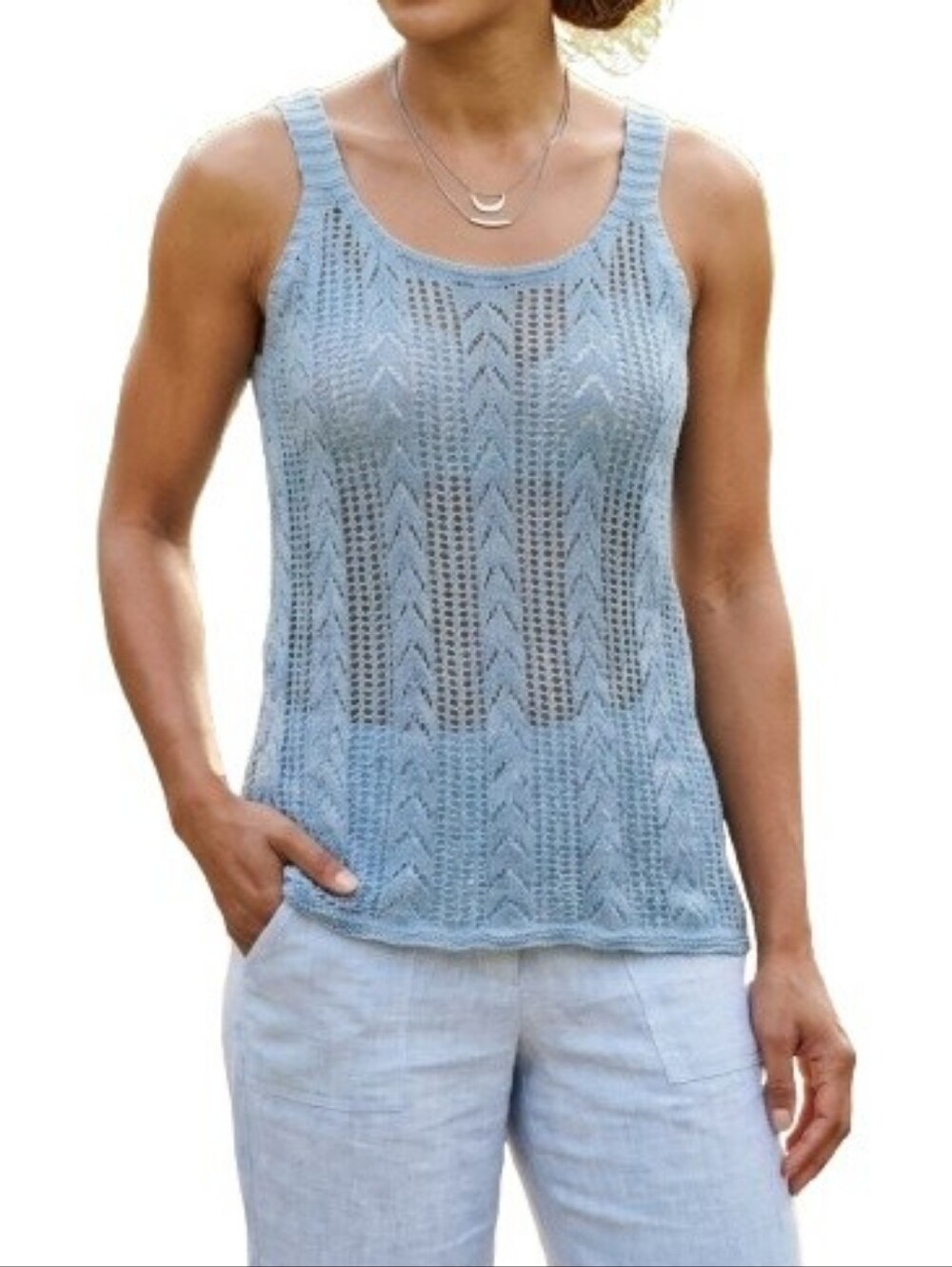 Pink Republic Blue Knit Tank Top Crochet Lace Cover-Up Boho Beach Blouse